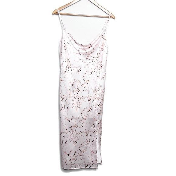 NWT Tsher Satin Midi Dress Floral Print Pink‎ Spaghetti Straps Cowl Neck Slit - Picture 4 of 16